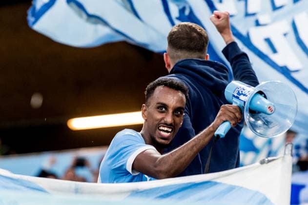 250715 Taha Ali of Malmö FF celebrates after the UEFA Champions League qualifier football match between Malmö FF and FC Iberia 1999 on July 15, 2025 in Malmö. Photo: Christian Örnberg BILDBYRAN COP 166 CO0587 fotboll football soccer fotball uefa champions league gualifiers champions league malmö ff fc iberia bbeng bbauto jubel Copyright: CHRISTIANxÖRNBERG BB250715CO083