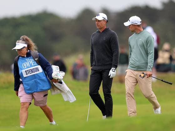 15th July 2025; Royal Portrush Golf Club, Portrush, County Antrim, Northern Ireland; The Open Golf Championship Practice Day 3; Henrik Stenson (SWE) with his caddie Fanny Sunesson at the 11th hole  ActionPlus12814230 DavidxBlunsden