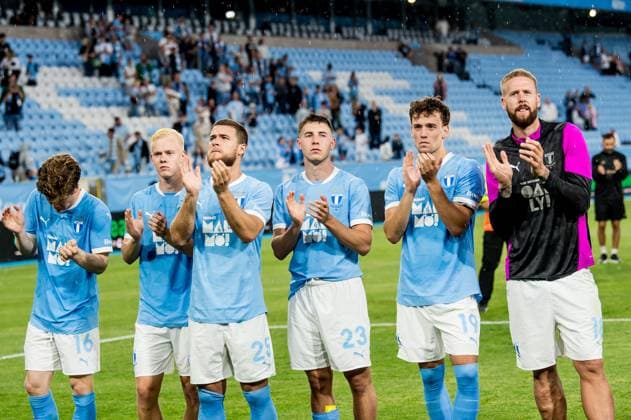250715 Oliver Berg, Otto Rosengren, Gabriel Busanello, Lasse Berg Johnsen, Colin Rösler and Pontus Jansson of Malmö FF celebrate after the UEFA Champions League qualifier football match between Malmö FF and FC Iberia 1999 on July 15, 2025 in Malmö. Photo: Christian Örnberg BILDBYRAN COP 166 CO0587 fotboll football soccer fotball uefa champions league gualifiers champions league malmö ff fc iberia bbeng jubel Copyright: CHRISTIANxÖRNBERG BB250715CO085
