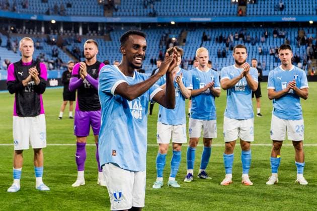 250715 Taha Ali of Malmö FF celebrates after the UEFA Champions League qualifier football match between Malmö FF and FC Iberia 1999 on July 15, 2025 in Malmö. Photo: Christian Örnberg BILDBYRAN COP 166 CO0587 fotboll football soccer fotball uefa champions league gualifiers champions league malmö ff fc iberia bbeng bbauto jubel Copyright: CHRISTIANxÖRNBERG BB250715CO087