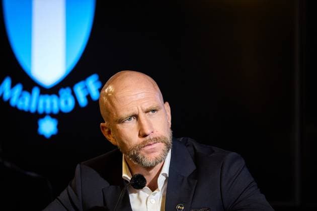 MALMÖ, SVERIGE 20250715 Malmös tränare Henrik Rydström vid presskonferensen efter tisdagens kval till Champions League mellan Malmö FF och FC Iberia 1999 pa Eleda stadion. MALMÖ SVERIGE FC Iberia 1999, Fotboll, Malmö FF x11830x