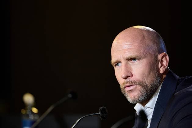MALMÖ, SVERIGE 20250715 Malmös tränare Henrik Rydström vid presskonferensen efter tisdagens kval till Champions League mellan Malmö FF och FC Iberia 1999 pa Eleda stadion. MALMÖ SVERIGE FC Iberia 1999, Fotboll, Malmö FF x11830x