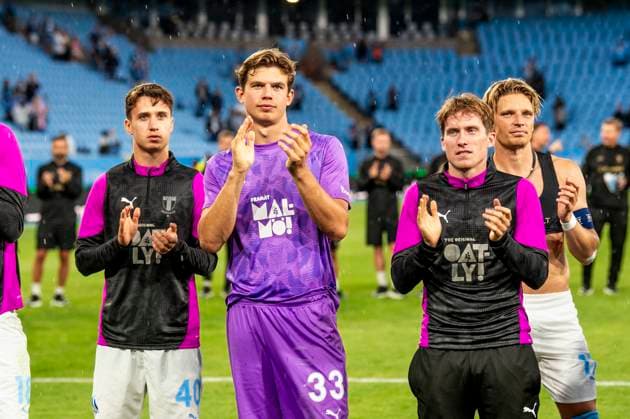 250715 Kenan Busuladzic, goalkeeper Melker Ellborg, Johan Karlsson and Jens Stryger Larsen of Malmö FF celebrates after the UEFA Champions League qualifier football match between Malmö FF and FC Iberia 1999 on July 15, 2025 in Malmö. Photo: Christian Örnberg BILDBYRAN COP 166 CO0587 fotboll football soccer fotball uefa champions league gualifiers champions league malmö ff fc iberia bbeng publik jubel Copyright: CHRISTIANxÖRNBERG BB250715CO120