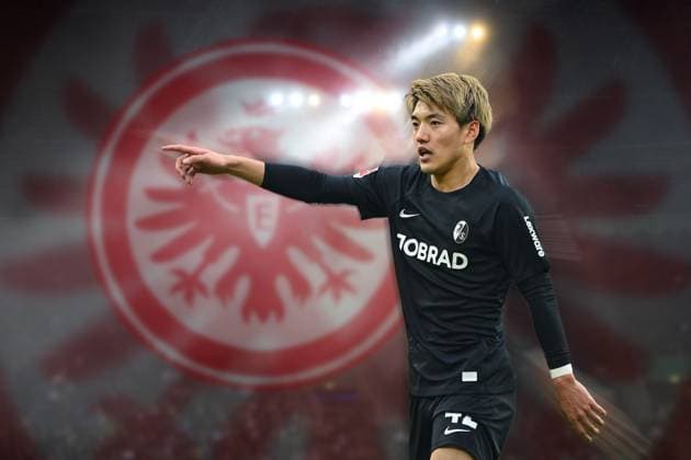 FOTOMONTAGE: FOTOMONTAGE: Ritsu DOAN (SC Freiburg) offenbar vor Wechsel zu Einrtracht Frankfurt. ARCHIVFOTO: Aktion,Einzelbild,angeschnittenes Einzelmotiv,Halbfigur,halbe Figur. Fussball 1. Bundesliga Saison 2024 2025,