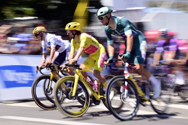 Belgian Remco Evenepoel of Soudal Quick-Step, Irish Ben Healy of EF Education-EasyPost and Italian Jonathan Milan of Lidl-Trek pictured at the start of stage 11 of the 2025 Tour de France cycling, from and to Toulouse (154km), on Wednesday 16 July 2025 in France. The 112th edition of the Tour de France starts on Saturday 5 July in Lille, France, and will finish in Paris, France on the 27th of July. JASPERxJACOBS  x129370515x