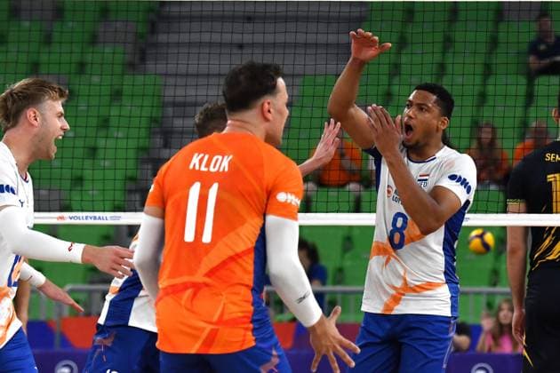 Ljubljana, Slovenia, 16th July 2024: Fabian Plak of Netherlands (R) during the IVNL Volleyball Nations League, Week 3 match, between Ukraine and Netherlands at Arena Stozice, Ljubljana, Slovenia. (Natasa Kupljenik SPP) Copyright: xNatasaxKupljenikx xSPPx SPP_1015264