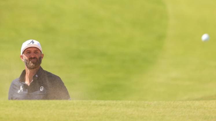 The 153rd Open Championship, Royal Portrush Golf Club, Co. Antrim 16 7 2025 Dustin Johnson chips out of a bunker on the 8th Dustin Johnson chips out of a bunker on the 8th 16 7 2025  Copyright: x INPHO BenxBradyx BB3_8188