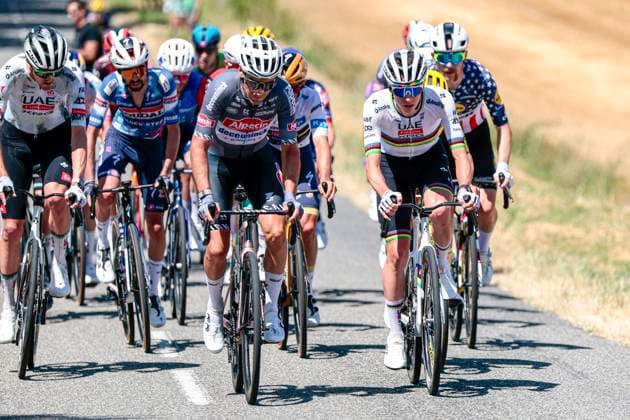 Tour de France 2025 Stage 11 TOULOUSE, FRANCE - JULY 16 : Vermeersch Gianni (BEL) of Alpecin-Deceuninck, Pogacar Tadej (SLO) of UAE Team Emirates - XRG in action pictured during stage 11 of the 112th edition of Tour de France an UCI World Tour 2.UWT cycling road race stage for Men Elite of 154 km with start in Toulouse and finish in Toulouse on July 16, 2025 in Toulouse, France, 16 07 2025 ( Motordriver Kenny Verfaillie - Toulouse France  Copyright: xLucaxBettinix