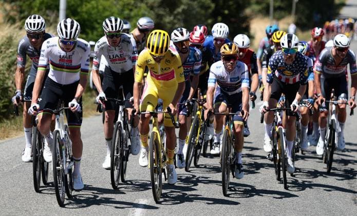 Slovenian Tadej Pogacar of UAE Team Emirates, Irish Ben Healy of EF Education-EasyPost, Belgian Remco Evenepoel of Soudal Quick-Step and US Quinn Simmons of Lidl-Trek pictured in action stage 11 of the 2025 Tour de France cycling, from and to Toulouse (154km), on Wednesday 16 July 2025 in France. The 112th edition of the Tour de France starts on Saturday 5 July in Lille, France, and will finish in Paris, France on the 27th of July. POOLxLUCAxBETTINI  x129378175x