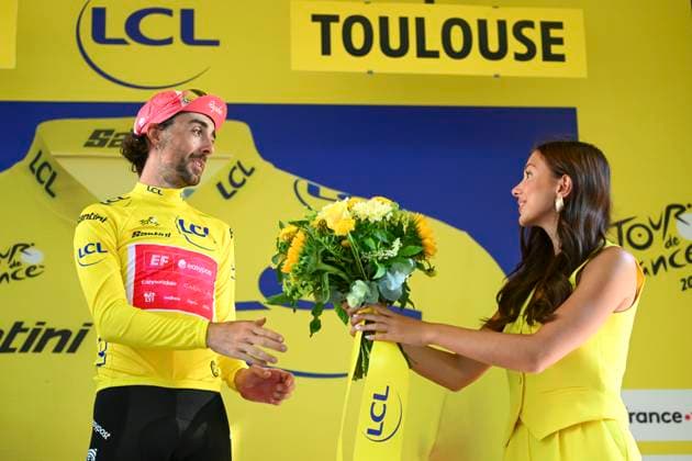 Tour de France 2025 Stage 11 TOULOUSE, FRANCE - JULY 16 : Healy Ben (IRL) of EF Education - EasyPost on the podium with the yellow jersey during stage 11 of the 112th edition of Tour de France an UCI World Tour 2.UWT cycling road race stage for Men Elite of 154 km with start in Toulouse and finish in Toulouse on July 16, 2025 in Toulouse, France, 16 07 2025 ( Motordriver Kenny Verfaillie - Toulouse France  Copyright: xVincentxKalutx