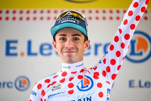 Tour de France 2025 Stage 11 TOULOUSE, FRANCE - JULY 16 : Martinez Lenny (FRA) of Bahrain - Victorious on the podium with the dotted jersey during stage 11 of the 112th edition of Tour de France an UCI World Tour 2.UWT cycling road race stage for Men Elite of 154 km with start in Toulouse and finish in Toulouse on July 16, 2025 in Toulouse, France, 16 07 2025 ( Motordriver Kenny Verfaillie - Toulouse France  Copyright: xVincentxKalutx
