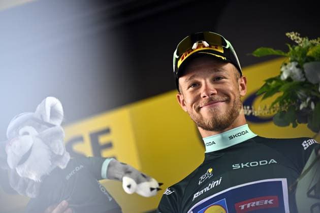 Italian Jonathan Milan of Lidl-Trek celebrates on the podium in the green points jersey stage 11 of the 2025 Tour de France cycling, from and to Toulouse (154km), on Wednesday 16 July 2025 in France. The 112th edition of the Tour de France starts on Saturday 5 July in Lille, France, and will finish in Paris, France on the 27th of July. JASPERxJACOBS  x129381824x