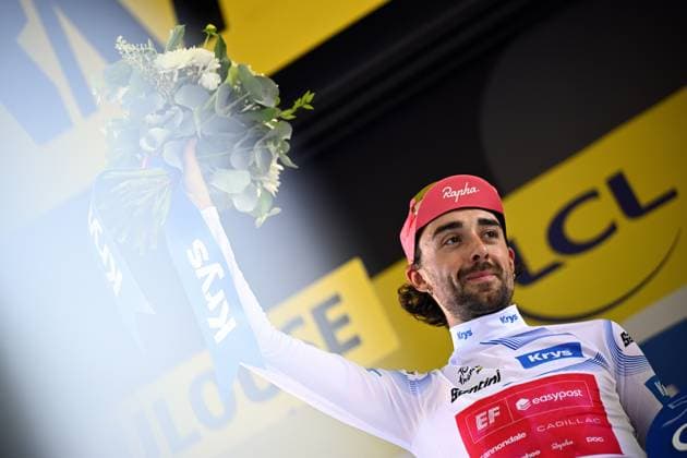 Irish Ben Healy of EF Education-EasyPost celebrates in the white jersey for best young rider after stage 11 of the 2025 Tour de France cycling, from and to Toulouse (154km), on Wednesday 16 July 2025 in France. The 112th edition of the Tour de France starts on Saturday 5 July in Lille, France, and will finish in Paris, France on the 27th of July. JASPERxJACOBS  x129381890x