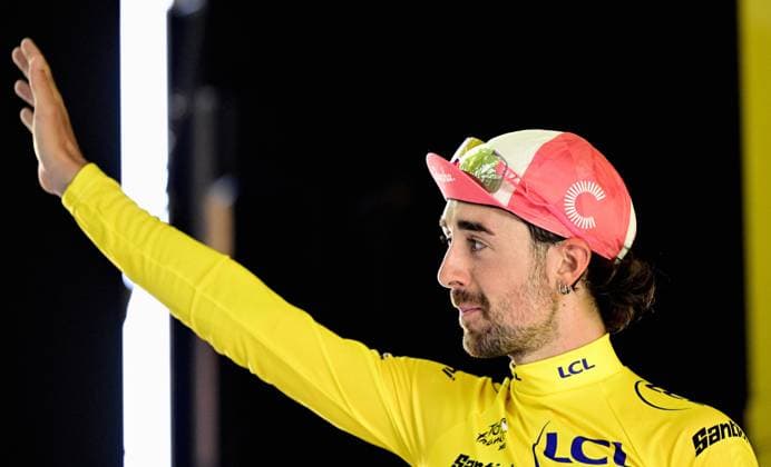 Irish Ben Healy of EF Education-EasyPost celebrates in the yellow jersey of leader in the overall ranking after stage 11 of the 2025 Tour de France cycling, from and to Toulouse (154km), on Wednesday 16 July 2025 in France. The 112th edition of the Tour de France starts on Saturday 5 July in Lille, France, and will finish in Paris, France on the 27th of July. DIRKxWAEM  x129382421x
