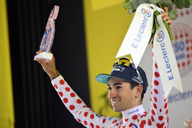 French Lenny Martinez of Bahrain Victorious celebrates in the red polka-dot jersey for best climber after stage 11 of the 2025 Tour de France cycling, from and to Toulouse (154km), on Wednesday 16 July 2025 in France. The 112th edition of the Tour de France starts on Saturday 5 July in Lille, France, and will finish in Paris, France on the 27th of July. DIRKxWAEM  x129382813x