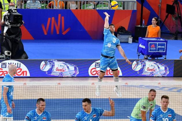 Ljubljana, Slovenia, 16th July 2024: Uros Planinsic of Slovenia in action during the IVNL Volleyball Nations League, Week 3 match, between Canada and Slovenia at Arena Stozice, Ljubljana, Slovenia. (Natasa Kupljenik SPP) Copyright: xNatasaxKupljenikx xSPPx SPP_1015869
