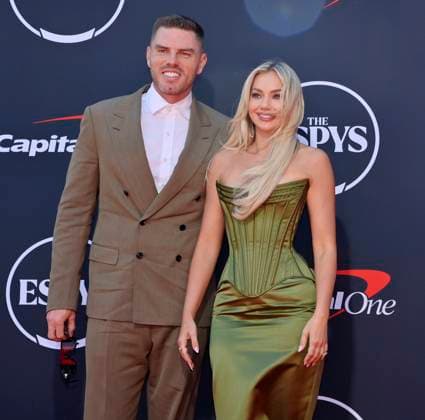 Freddie Freeman (L) and his wife Chelsea Freeman attend the annual ESPY Awards at the Dolby Theatre in the Hollywood section of Los Angeles on Wednesday, July 16, 2025. The annual event honors the top athletes and performances of the year.  LAP2025071610 JIMxRUYMEN