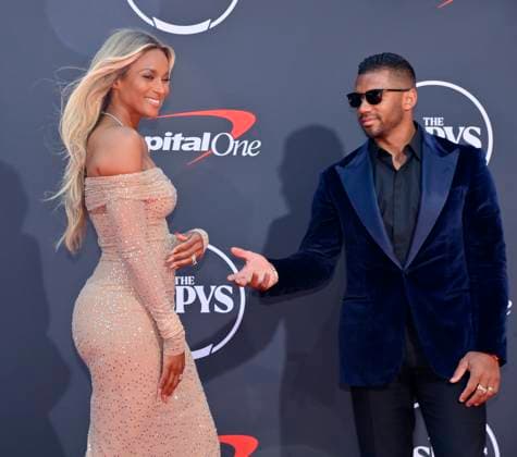 Ciara and Russell Wilson attend the ESPY Awards at the Dolby Theatre in the Hollywood section of Los Angeles on Wednesday, July 16, 2025. The annual event honors the top athletes and performances of the year.  LAP2025071611 JIMxRUYMEN