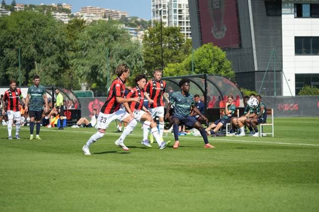 FOOTBALL : OGC Nice vs Aubagne - Match Amical - 16 07 2025 Gabin Bernardeau and Tom Louchet during the French amical football match between OGC Nice and Aubagne FC at training Stadium of Nice, south France, on July 16, 2025. Alejandro Martinez Gonzalez psnewz NICE  Copyright: xAlejandroxMartinezxGonzalez psnewzx