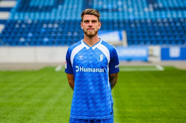 Marcus Mathisen, 1. FC Magdeburg - 2. Fussball Bundesliga Porträttermin 2. BL 2025 2026 offizieller Fototermin 1. FC Magdeburg in der Avnet Arena in Magdeburg - Porträt, Portrait, Einzelbild, Deutschland, Fussball, Maenner, GER, 16.07.2025