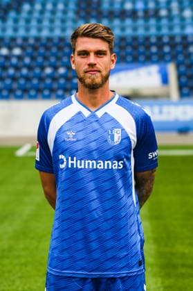 Marcus Mathisen, 1. FC Magdeburg - 2. Fussball Bundesliga Porträttermin 2. BL 2025 2026 offizieller Fototermin 1. FC Magdeburg in der Avnet Arena in Magdeburg - Porträt, Portrait, Einzelbild, Deutschland, Fussball, Maenner, GER, 16.07.2025