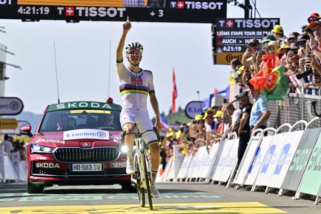 Slovenian Tadej Pogacar of UAE Team Emirates celebrates after winning stage 12 of the 2025 Tour de France cycling, from Auch to Hautacam (181 km), on Thursday 17 July 2025 in France. The 112th edition of the Tour de France starts on Saturday 5 July in Lille, France, and will finish in Paris, France on the 27th of July. DIRKxWAEM  x129446925x