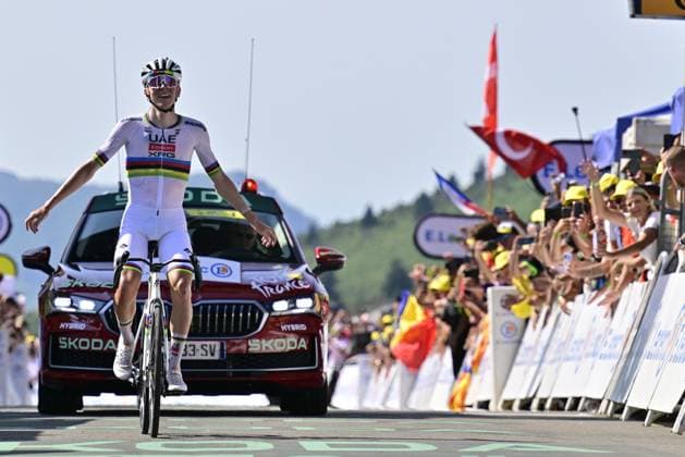 Slovenian Tadej Pogacar of UAE Team Emirates celebrates after winning stage 12 of the 2025 Tour de France cycling, from Auch to Hautacam (181 km), on Thursday 17 July 2025 in France. The 112th edition of the Tour de France starts on Saturday 5 July in Lille, France, and will finish in Paris, France on the 27th of July. DIRKxWAEM  x129446970x