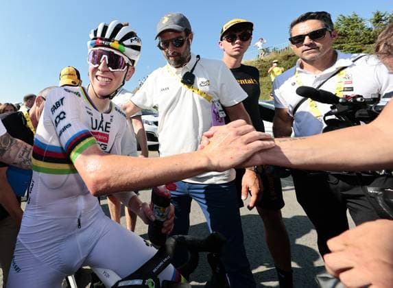 Slovenian Tadej Pogacar of UAE Team Emirates celebrates after winning stage 12 of the 2025 Tour de France cycling, from Auch to Hautacam (181 km), on Thursday 17 July 2025 in France. The 112th edition of the Tour de France starts on Saturday 5 July in Lille, France, and will finish in Paris, France on the 27th of July. POOLxLUCAxBETTINI  x129447686x