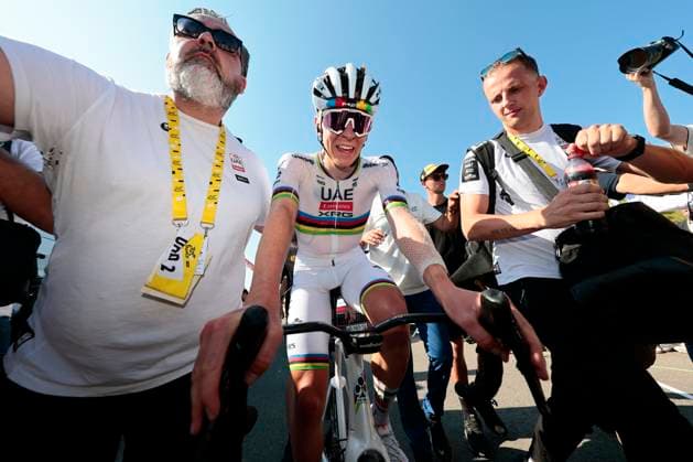 Tour de France 2025 Stage 12 HAUTACAM, FRANCE - JULY 17 : Pogacar Tadej (SLO) of UAE Team Emirates - XRG after the race during stage 12 of the 112th edition of Tour de France an UCI World Tour 2.UWT cycling road race stage for Men Elite of 181 km with start in Auch and finish in Hautacam on July 17, 2025 in Hautacam, France, 17 07 2025 ( Motordriver Kenny Verfaillie - Hautacam France  Copyright: xLucaxBettinix