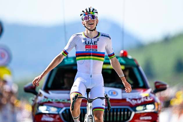 Tour de France 2025 Stage 12 HAUTACAM, FRANCE - JULY 17 : Pogacar Tadej (SLO) of UAE Team Emirates - XRG celebrating his victory during stage 12 of the 112th edition of Tour de France an UCI World Tour 2.UWT cycling road race stage for Men Elite of 181 km with start in Auch and finish in Hautacam on July 17, 2025 in Hautacam, France, 17 07 2025 ( Motordriver Kenny Verfaillie - Hautacam France  Copyright: xJanxDexMeuleneirx