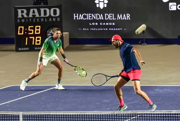 LOS CABOS TENNIS OPEN 2025 LOS CABOS TENNIS OPEN 2025 KRAJICEK GONZALEZ VS WINEGAR CERETTANI 16072025 LOS CABOS, BAJA CALIFORNIA, MEXICO. Photo of Austin Krajicek of the USA and Santiago Gonzalez of Mexico, during doubles game of Los Cabos Tennis Open 2025 held at the Mextenis Stadium of the Cabo Sports Complex of Los Cabos, Baja California, Mexico. Foto Austin Krajicek de Estados Unidos y Santiago Gonzalez de Mexico, durante juego de dobles en Los Cabos Tennis Open 2025 celebrado en el Estadio Mextenis del Cabo Sports Complex de Los Cabos, Baja California, Mexico. PHOTO BY IMAGENSHOP AGENCIA FOTOGRAFICA LOS CABOS BAJA CALIFORNIA MEXICO Copyright: xIMAGENSHOPxAGENCIAxFOTOGRAFICAx