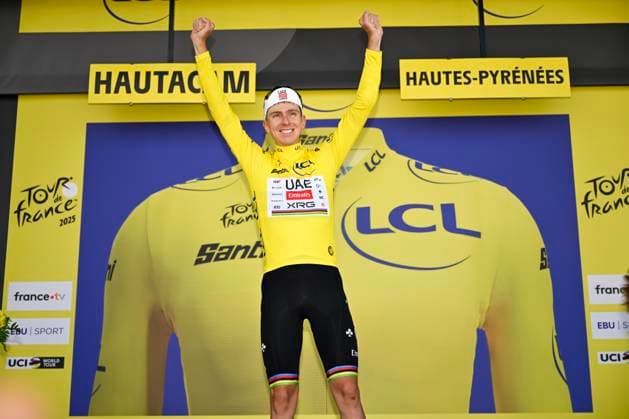 Tour de France 2025 Stage 12 HAUTACAM, FRANCE - JULY 17 : Pogacar Tadej (SLO) of UAE Team Emirates - XRG on the podium with the yellow jersey during stage 12 of the 112th edition of Tour de France an UCI World Tour 2.UWT cycling road race stage for Men Elite of 181 km with start in Auch and finish in Hautacam on July 17, 2025 in Hautacam, France, 17 07 2025 ( Motordriver Kenny Verfaillie - Hautacam France  Copyright: xJanxDexMeuleneirx