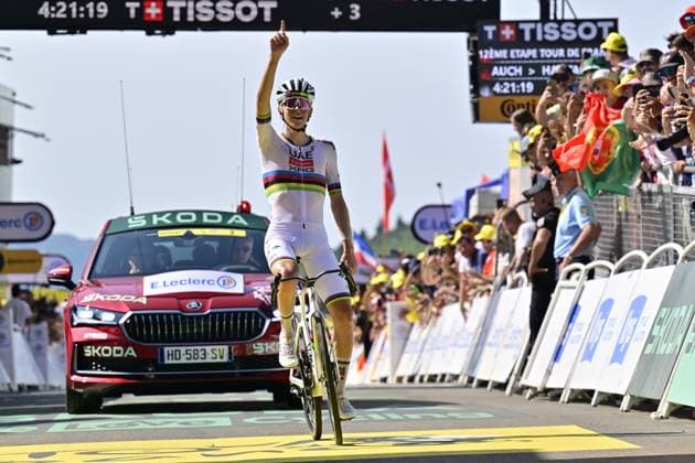 Slovenian Tadej Pogacar of UAE Team Emirates celebrates after winning stage 12 of the 2025 Tour de France cycling, from Auch to Hautacam (181 km), on Thursday 17 July 2025 in France. The 112th edition of the Tour de France starts on Saturday 5 July in Lille, France, and will finish in Paris, France on the 27th of July. DIRKxWAEM  x129448998x
