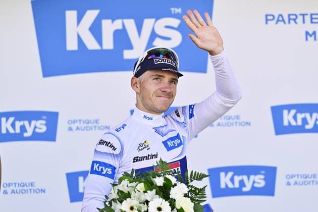 Belgian Remco Evenepoel of Soudal Quick-Step celebrates on the podium in the white jersey for best young rider after stage 12 of the 2025 Tour de France cycling, from Auch to Hautacam (181 km), on Thursday 17 July 2025 in France. The 112th edition of the Tour de France starts on Saturday 5 July in Lille, France, and will finish in Paris, France on the 27th of July. DIRKxWAEM  x129449341x