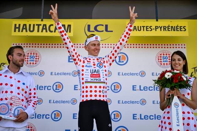 Tour de France 2025 Stage 12 HAUTACAM, FRANCE - JULY 17 : Pogacar Tadej (SLO) of UAE Team Emirates - XRG on the podium with the dotted jersey during stage 12 of the 112th edition of Tour de France an UCI World Tour 2.UWT cycling road race stage for Men Elite of 181 km with start in Auch and finish in Hautacam on July 17, 2025 in Hautacam, France, 17 07 2025 ( Motordriver Kenny Verfaillie - Hautacam France  Copyright: xJanxDexMeuleneirx