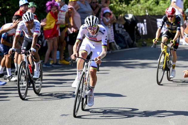 Slovenian Tadej Pogacar of UAE Team Emirates and Danish Jonas Vingegaard Hansen of Team Visma-Lease a Bike pictured in action during stage 12 of the 2025 Tour de France cycling, from Auch to Hautacam (181 km), on Thursday 17 July 2025 in France. The 112th edition of the Tour de France starts on Saturday 5 July in Lille, France, and will finish in Paris, France on the 27th of July. POOLxVINCENTxKALUT  x129453734x