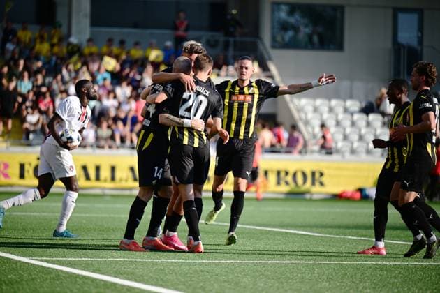 GÖTEBORG, SVERIGE 20250717 Häckens Simon Gustafson gör 1-0 under torsdagens kvalmatch i Europa League mellan BK Häcken och Spartak Trnava pa Bravida Arena. GÖTEBORG SVERIGE x9200x