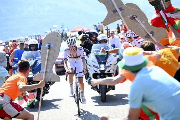 Slovenian Tadej Pogacar of UAE Team Emirates pictured in action during stage 12 of the 2025 Tour de France cycling, from Auch to Hautacam (181 km), on Thursday 17 July 2025 in France. The 112th edition of the Tour de France starts on Saturday 5 July in Lille, France, and will finish in Paris, France on the 27th of July. POOLxVINCENTxKALUT  x129454009x