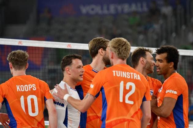 Ljubljana, Slovenia, 17th July 2024: Team Netherlands celebrate score during the IVNL Volleyball Nations League, Week 3 match, between Netherlands and Slovenia at Arena Stozice, Ljubljana, Slovenia. (Natasa Kupljenik SPP) Copyright: xNatasaxKupljenikx xSPPx SPP_1018247