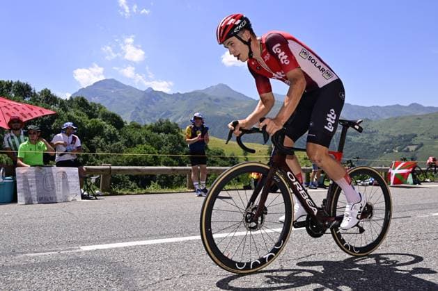 Belgian Arnaud De Lie of Lotto Cycling Team pictured in action during stage 13 of the 2025 Tour de France cycling race, an 11km individual time trial from Loudenvielle to Peyragudes, on Friday 18 July 2025 in France. The 112th edition of the Tour de France starts on Saturday 5 July in Lille, France, and will finish in Paris, France on the 27th of July. DIRKxWAEM  x129489135x