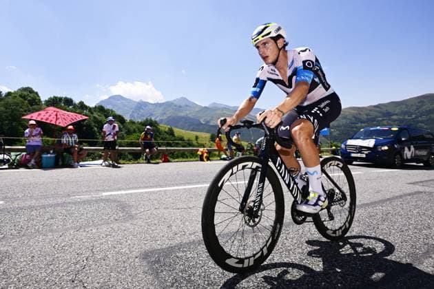 Spanish Ivan Garcia Cortina of Movistar Team pictured in action during stage 13 of the 2025 Tour de France cycling race, an 11km individual time trial from Loudenvielle to Peyragudes, on Friday 18 July 2025 in France. The 112th edition of the Tour de France starts on Saturday 5 July in Lille, France, and will finish in Paris, France on the 27th of July. DIRKxWAEM  x129490072x