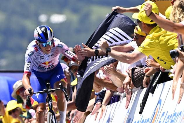 New Zealander Laurence Pithie of Red Bull-BORA-Hansgrohe pictured at the finish of stage 13 of the 2025 Tour de France cycling race, an 11km individual time trial from Loudenvielle to Peyragudes, on Friday 18 July 2025 in France. The 112th edition of the Tour de France starts on Saturday 5 July in Lille, France, and will finish in Paris, France on the 27th of July. JASPERxJACOBS  x129491202x