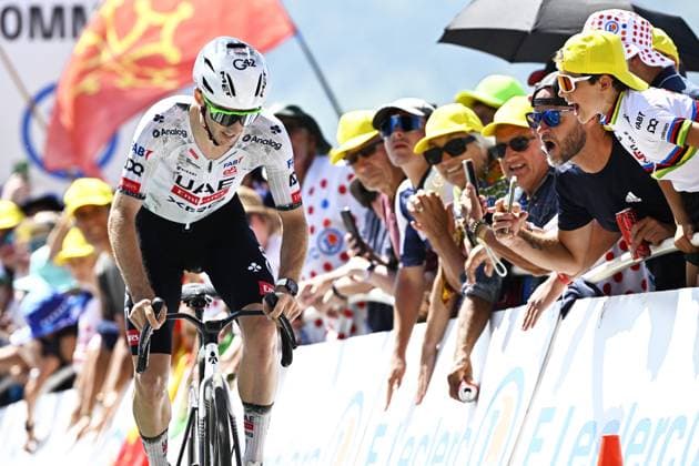 British Adam Yates of UAE Team Emirates-XRG pictured at the finish of stage 13 of the 2025 Tour de France cycling race, an 11km individual time trial from Loudenvielle to Peyragudes, on Friday 18 July 2025 in France. The 112th edition of the Tour de France starts on Saturday 5 July in Lille, France, and will finish in Paris, France on the 27th of July. JASPERxJACOBS  x129497343x