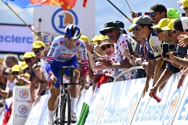 Slovenian Primoz Roglic of Red Bull-BORA-Hansgrohe pictured at the finish of stage 13 of the 2025 Tour de France cycling race, an 11km individual time trial from Loudenvielle to Peyragudes, on Friday 18 July 2025 in France. The 112th edition of the Tour de France starts on Saturday 5 July in Lille, France, and will finish in Paris, France on the 27th of July. JASPERxJACOBS  x129498606x