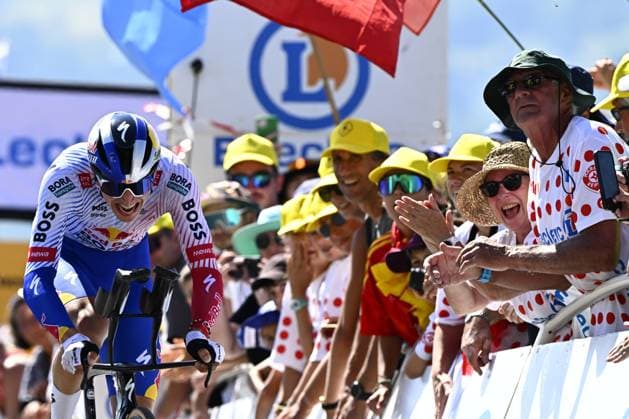 German Florian Lipowitz of Red Bull-BORA-Hansgrohe pictured at the finish of stage 13 of the 2025 Tour de France cycling race, an 11km individual time trial from Loudenvielle to Peyragudes, on Friday 18 July 2025 in France. The 112th edition of the Tour de France starts on Saturday 5 July in Lille, France, and will finish in Paris, France on the 27th of July. JASPERxJACOBS  x129499081x