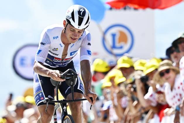 Belgian Remco Evenepoel of Soudal Quick-Step pictured at the finish of stage 13 of the 2025 Tour de France cycling race, an 11km individual time trial from Loudenvielle to Peyragudes, on Friday 18 July 2025 in France. The 112th edition of the Tour de France starts on Saturday 5 July in Lille, France, and will finish in Paris, France on the 27th of July. JASPERxJACOBS  x129499094x