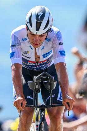 Tour de France 2025 Stage 13 PEYRAGUDES, FRANCE - JULY 18 : Evenepoel Remco (BEL) of Soudal - Quick Step at the finish line during stage 13 of the 112th edition of Tour de France an UCI World Tour 2.UWT Individual Time Trial stage for Men Elite of 11 km with start in Loudenvielle and finish in Peyragudes on July 18, 2025 in Peyragudes, France, 18 07 2025 ( Motordriver Kenny Verfaillie - Peyragudes France  Copyright: xVincentxKalutx