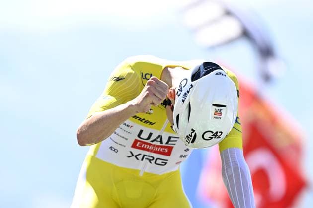 Slovenian Tadej Pogacar of UAE Team Emirates pictured at the finish of stage 13 of the 2025 Tour de France cycling race, an 11km individual time trial from Loudenvielle to Peyragudes, on Friday 18 July 2025 in France. The 112th edition of the Tour de France starts on Saturday 5 July in Lille, France, and will finish in Paris, France on the 27th of July. JASPERxJACOBS  x129499222x