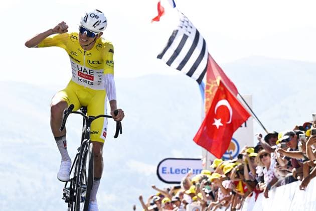 Slovenian Tadej Pogacar of UAE Team Emirates pictured at the finish of stage 13 of the 2025 Tour de France cycling race, an 11km individual time trial from Loudenvielle to Peyragudes, on Friday 18 July 2025 in France. The 112th edition of the Tour de France starts on Saturday 5 July in Lille, France, and will finish in Paris, France on the 27th of July. JASPERxJACOBS  x129500984x