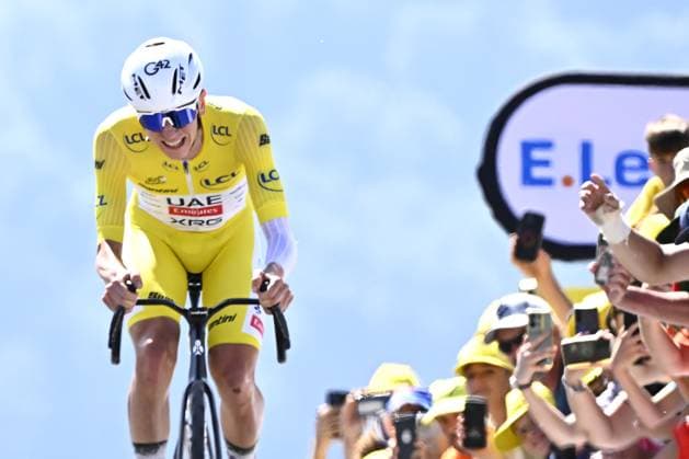 Slovenian Tadej Pogacar of UAE Team Emirates pictured at the finish of stage 13 of the 2025 Tour de France cycling race, an 11km individual time trial from Loudenvielle to Peyragudes, on Friday 18 July 2025 in France. The 112th edition of the Tour de France starts on Saturday 5 July in Lille, France, and will finish in Paris, France on the 27th of July. JASPERxJACOBS  x129501211x